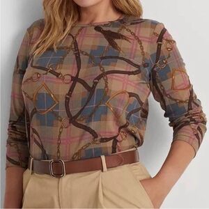 Lauren Ralph Lauren Medium Petite Top Equestrian Belting Clay Tan Multi NWT